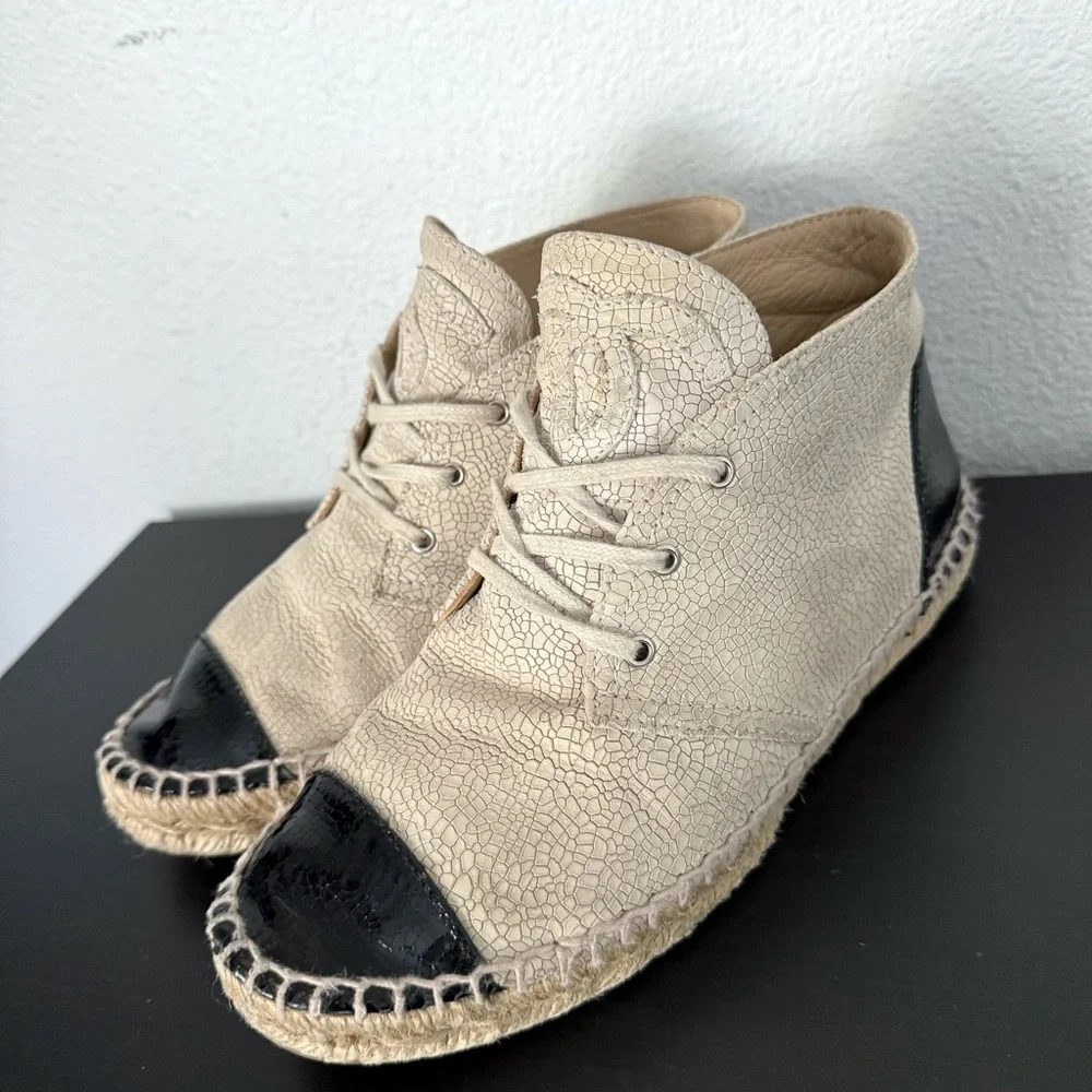 Chanel Two Tone Crackle Leather CC Logo Espadrille Lace Up High Top Sneakers